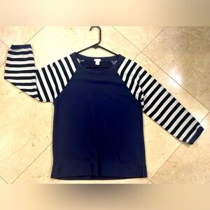 J Crew navy sweater with navy and white stripe three-quarter length sleeves